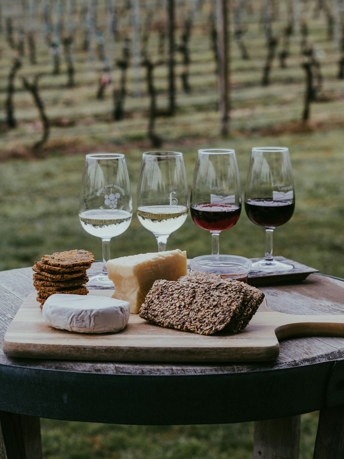 Verres de dégustation et planche de fromages au milieu des vignes